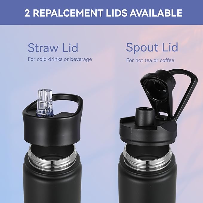 HASLE OUTFITTERS Insulated Water Bottle 16 oz Double Wall Vacuum Stainless Steel Water Bottle kid Leak Proof for School Wide Mouth with Straw Lid & Spout Lid Keeps Cold and Hot(Black and Gray,1pack)