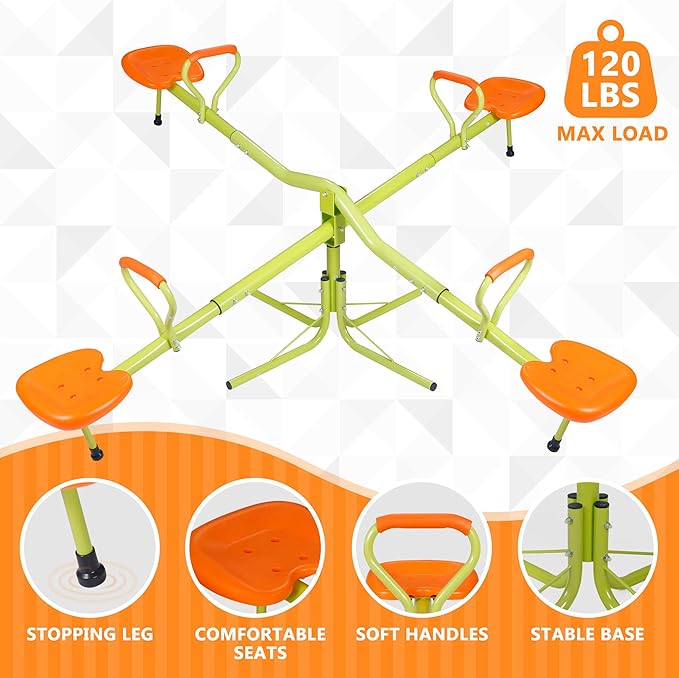 SUPER DEAL Teeter Totter Kids Seesaw, Outdoor Playground Equipment 360 Degrees Rotate All Steel Extendable Tubes for Toddlers Children Backyard, Green and Orange, 4 Seat