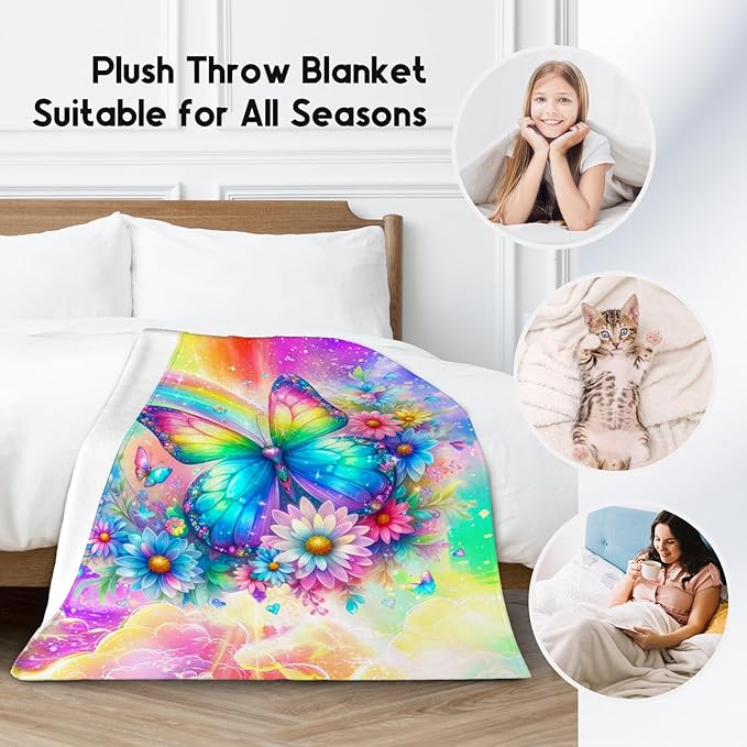 Girls Throw Blanket, Butterfly Blanket Gifts for Girls, Kids Butterfly Gifts with Flower, Warm Flannel Throw for Couch, 50"x60"