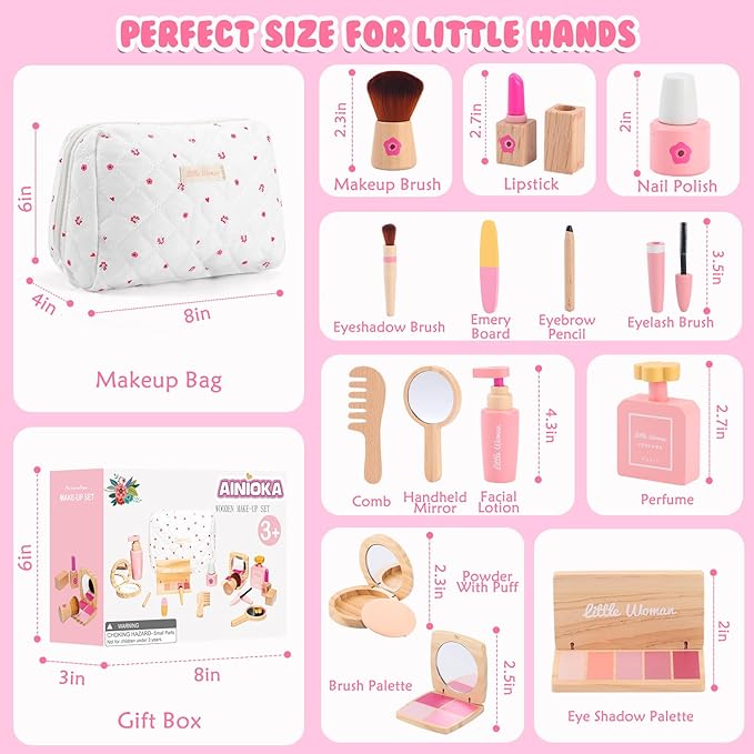 Wooden Makeup Toy Set for Girls: Pretend Makeup Play Set for Toddlers 3-5 - Kids Makeup Set with Eyeshadow/ Mascara/ Mirror/ Bag - Gifts Toys for 3 4 5 6 7 8 Years Old Kids Children