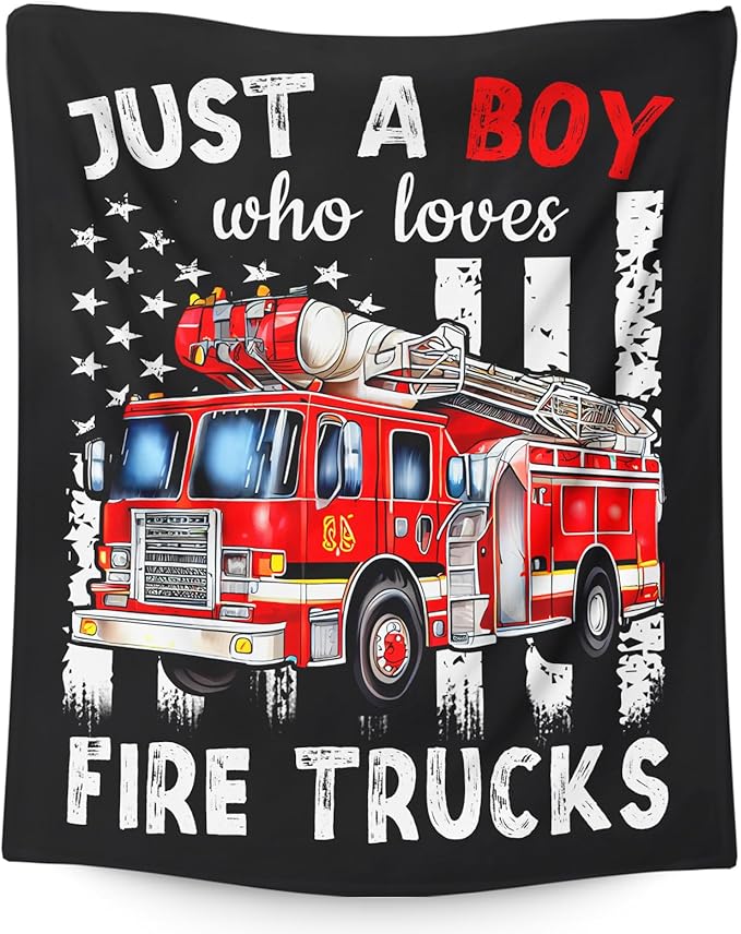 Boys Blanket Gifts, Fire Trucks Throw Blankets for Kids Teens, 40x50 Inches Cute Throws for Truck Lovers - Black Soft Fuzzy Car Blankets for Sofa Couch Bed