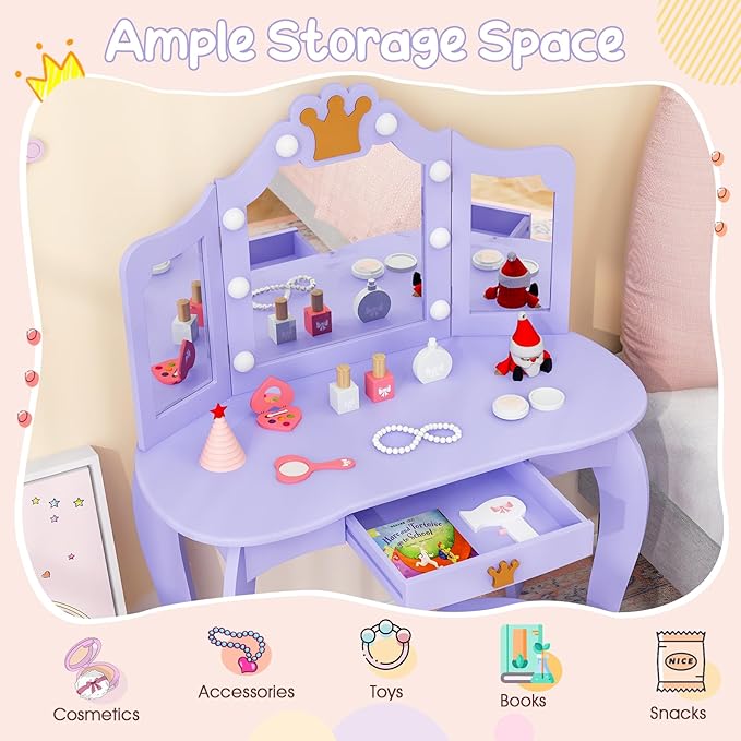 Costzon Kids Vanity with Lights, Girls Vanity Set with Mirror and Stool, Drawer, 2 in 1 Princess Makeup Desk Dressing Table, Kids Vanity Table and Chair Set, Violet