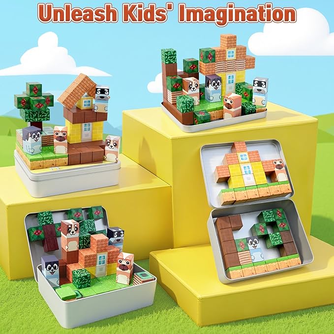 70PCS Magnetic Blocks Travel Toys for Kids with Iron Box, Mini Building Blocks for Boys Girls Ages 3 4 5 6 7 8, Portable Magnet Cubes STEM Travel Essential Toys for Toddlers Christmas Birthday Gifts