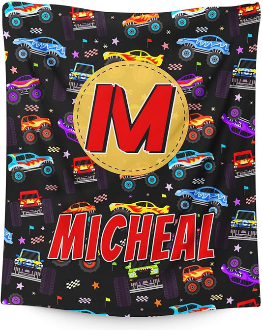 Boys Blankets, Personalized Truck Blanket with Initial Monogram for Kids Toddlers, Cute Car Throws Blanket Gift, Soft Cozy Flannel Throw for Sofa Bed Couch Decor