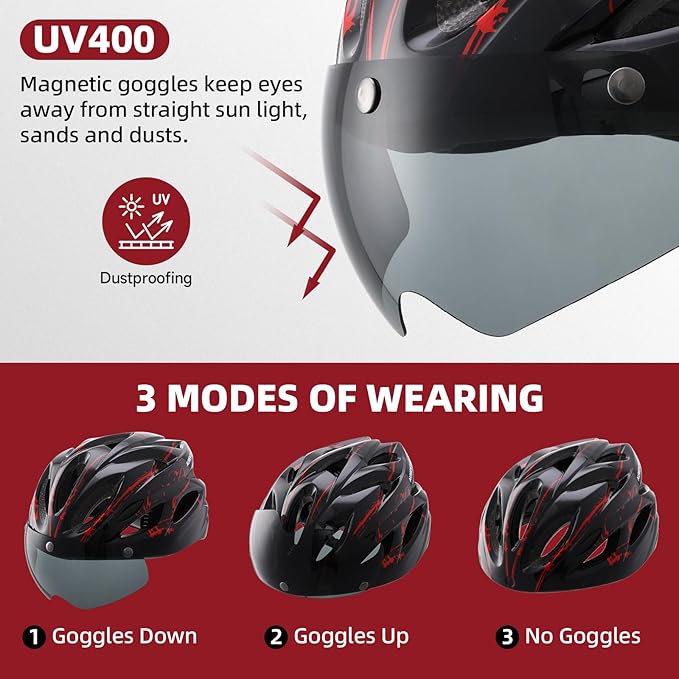 Adult Bike Helmet, Bicycle Helmet with Rear LED Light & Detachable Magnetic Goggles, CPSC/CE Certified Cycling Helmet Adjustable for Men Women Mountain & Road