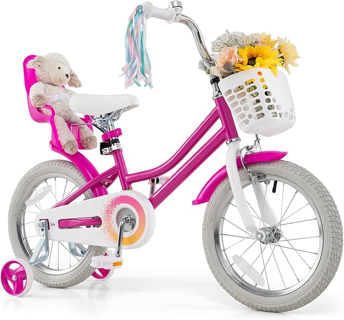BABY JOY Kids Bike, 12 14 16 18 Inch Children Bicycle w/Detachable Training Wheels, Storage Basket, Adjustable Seat & Handlebar, Bow or Streamer, Girls Bike for 3-8 Years Old