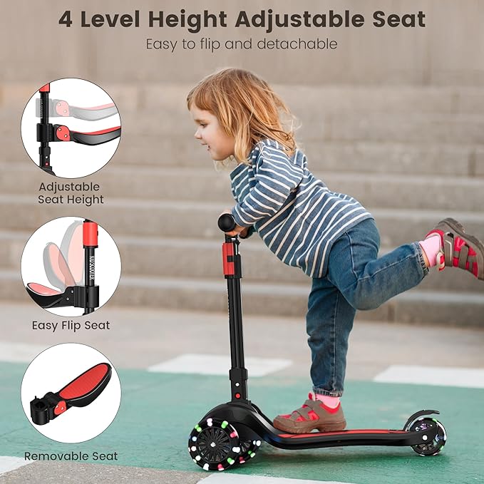 2-in-1 Adjustable Kick Scooter for Kids 3-5 (Suitable 3-12 Years),5-Level Handlebar & Removable Seat, LED Light-Up Wheels, Wide Deck, Foldable Design for Indoor/Outdoor Use - Girls & Boys