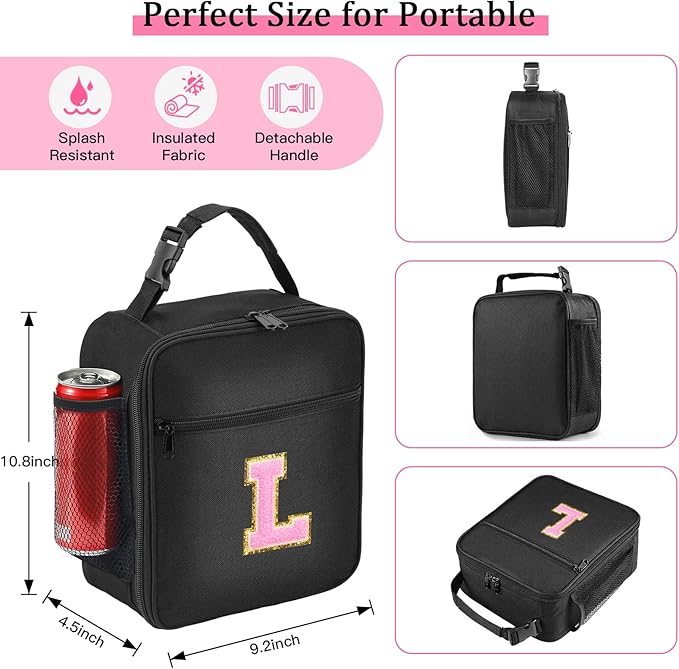 Initial Insulated Lunch Bag, Lunch Box with Initial Letter Patch for Teen Adult, Reusable Lunch Bag for Men Women, Ideal Back to School Gift Birthday Gift, Pink L