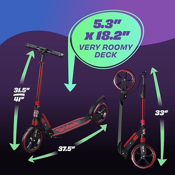 Skidee Adult & Teen Scooter Adjustable Height, Folding, Large Wheels, Lightweight, Durable, Anti-Shock Suspension, Up to 220 lbs