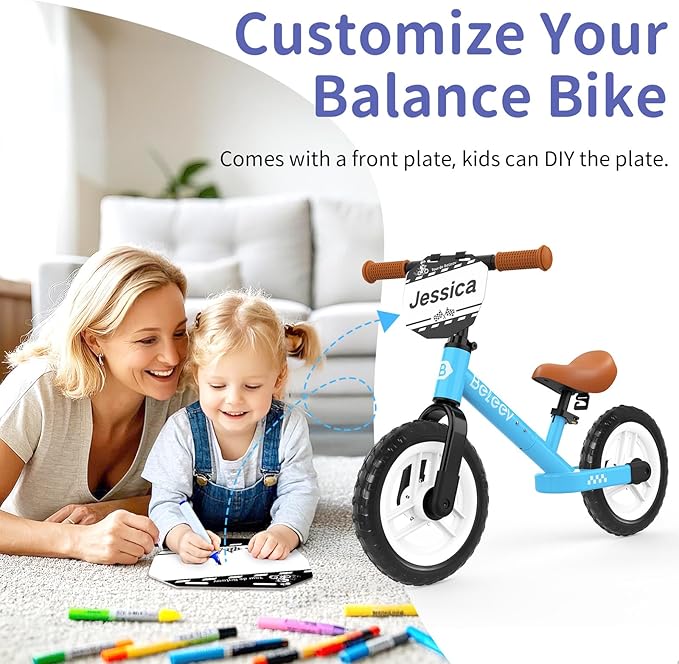 BELEEV C2 Toddler Balance Bike for 2-5 Year Olds with LED Light-Up Wheels, Adjustable Seat & Handlebar & Footrest, 12 inch No-Pedal Training Kids Push Bicycle - First Birthday Gift for Boys & Girls