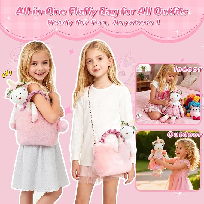Unicorns Toys for Girls Age 3-10, Ballerina Stuffed Animal Girl Toys with 3 Set Clothes & Plush Storage Bag, Dress up Doll Birthday Gift for Toddles Girls Stocking Stuffers