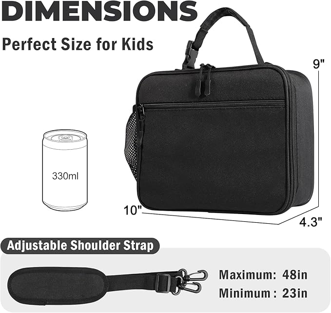 Kids Lunch Box Kids Lunch Bag for Girls Boys, Insulated Lunch Bag for Men with Shoulder Strap, Small Lunchbox for Girls School Travel Picnic (Black)