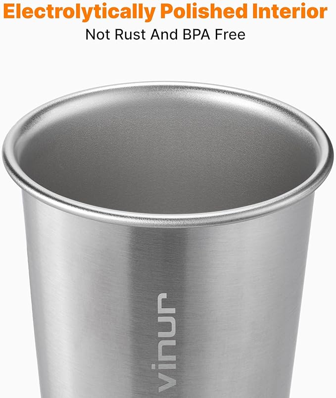 VINUR 4 Pack Stainless Steel Cups 20 oz Pint Tumbler Stackable Metal Drinking Glasses for Travel, Camping, Outdoors (Silver)