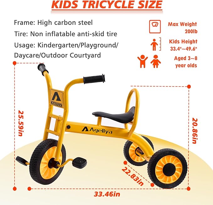 Preschool Kids Tricycle for Rider Age 3-5, Durable Metal Pedal Trike for Boys Girls, Big Kid Tricycle with Non-Slip Grip, Solid Rubber Tires -Outdoor Playschool Daycare Playground Equipment