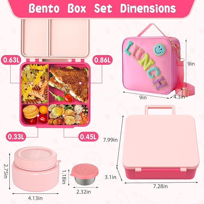 Kids Bento Lunch Box with 8oz Soup Thermo, Kids Leakproof Lunch Food Containers with 4 Compartment,Insulated Hot Food Jar with Lunch Bag for School, Travel (Pink)