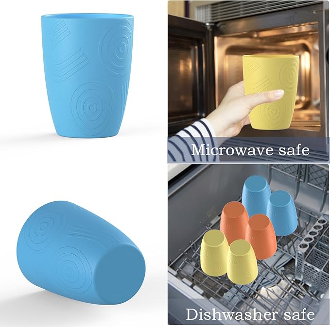 unbreakable wheat straw cups 12oz set of 6 with textured pattern anti slipping,alternative plastic drinkings cups suitable for hot and cold beverage,Yellow-Orange-Blue