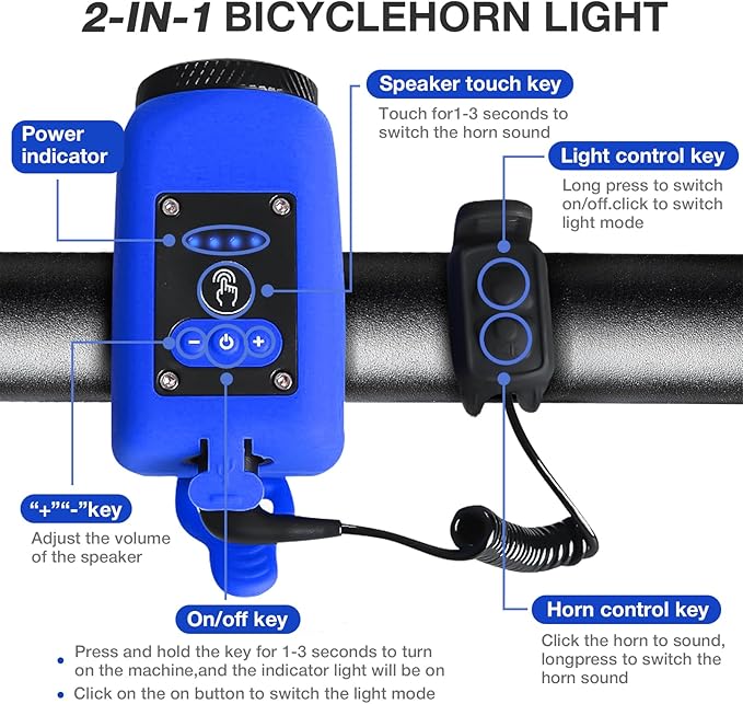 Bike Horn, Bicycle Horn with Large Range Floodlight, IPX5 Waterproof with USB Rechargeable Bike Electronic Horn