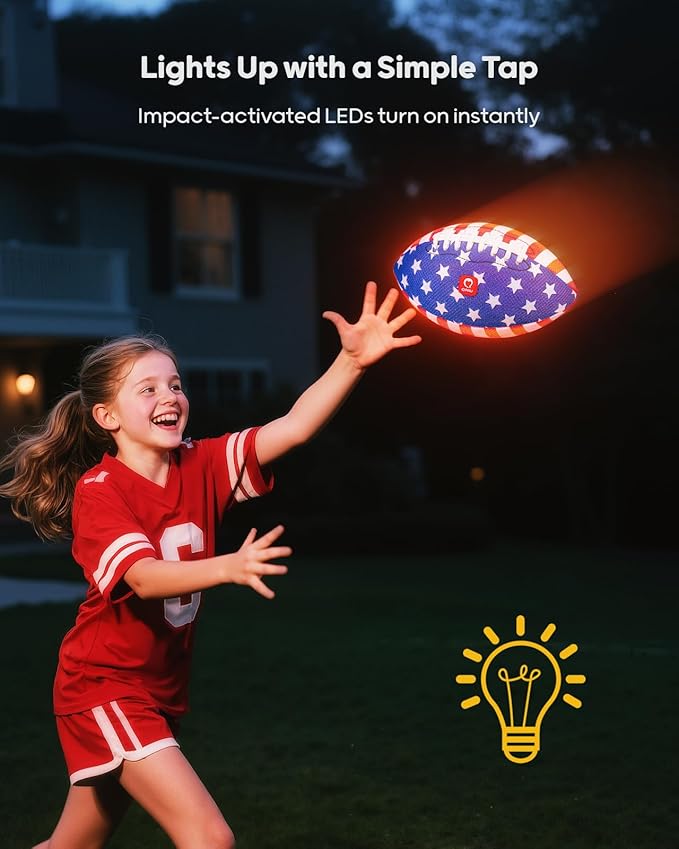 QPAU 10.5" Glow in The Dark Football (Size 6, 1 Pack), Light Up Youth Football with Pump & Batteries, Outdoor Toys & Games for Boys Girls, Birthday Gifts for Kids and Teens
