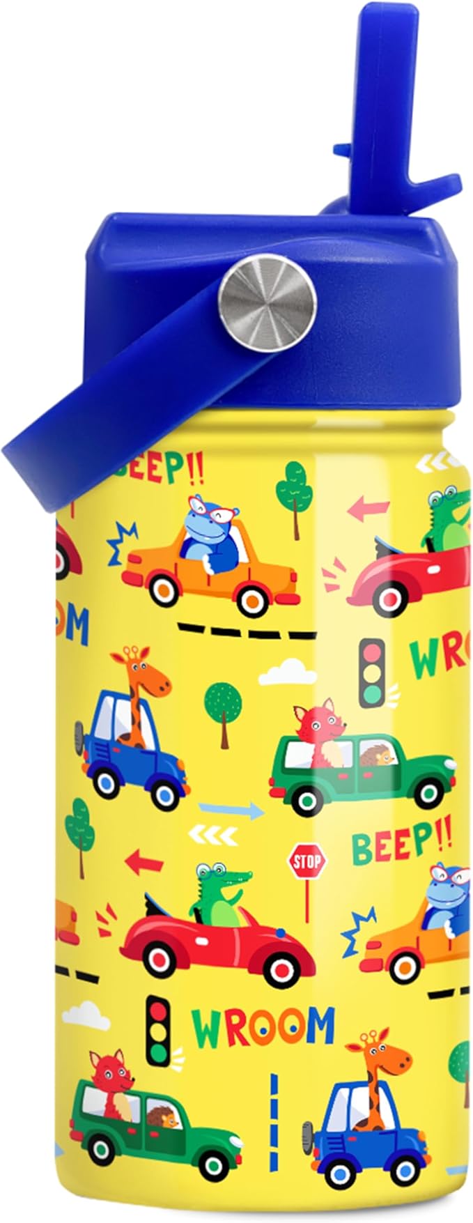 Kids Water Bottle with Straw Lid - 12 Oz Insulated Stainless Steel Vehicle Cars Water Bottles for Kid Boys - Travel Cup for School Sports