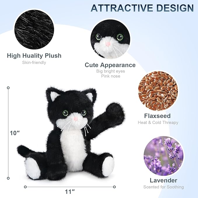 Heatable & Coolable Black and White Cat Stuffed Animal, Cat Heating Pad Microwavable for Soothing & Relaxation, Lavender Scented Tuxedo Cat Plush Toy for Stress Relief, Cat Toys for Kids