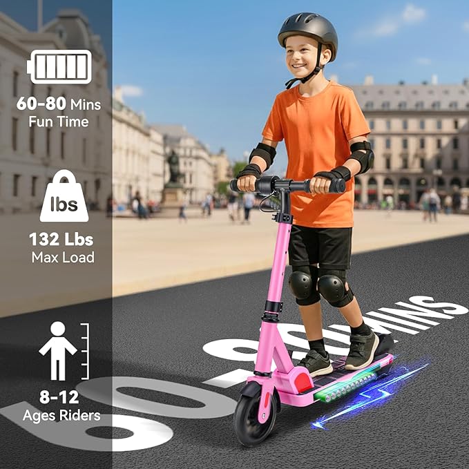 Caroma Electric Scooter for Kids Ages 6-14, 150W/180W Motor,10 MPH Max Speed & 7 Miles,Adjustable Height & Speed,Colorful Lights,LED Display,Foldable Kids Electric Scooter 132 Lbs Max Load