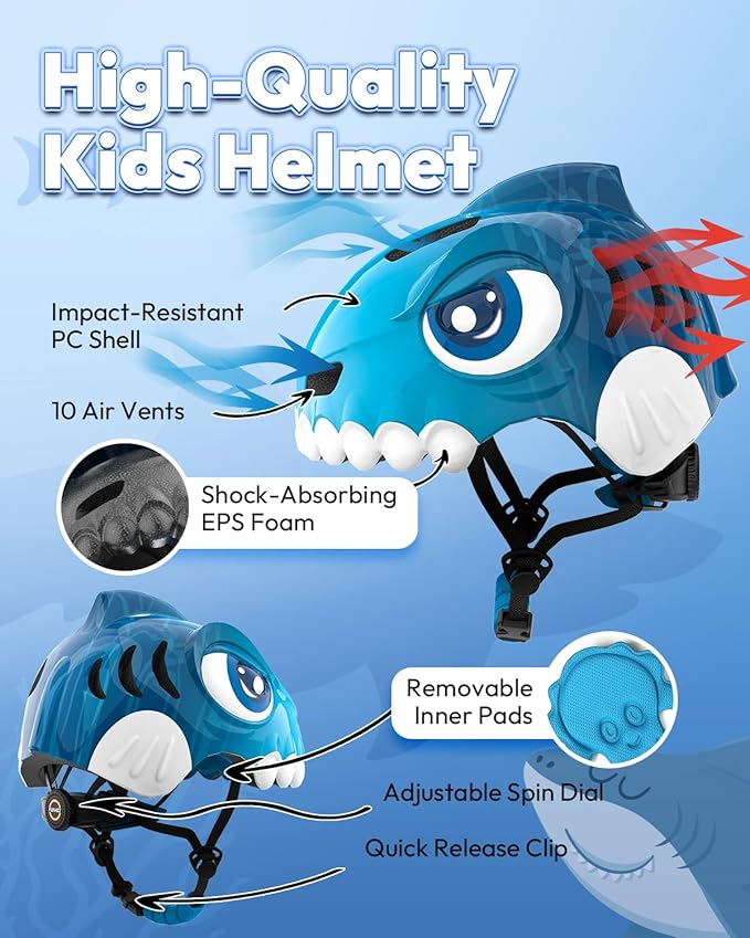 Bike Helmet for Kids 3-5-8 Toddler Bike Helmet Animal 3D Cartoon Boys Girls Safety Adjustable Kids Helmet and Pads Set for Cycling Scooter Skateboard