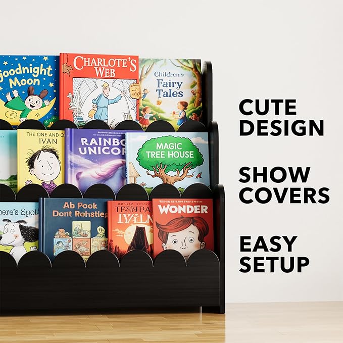 SpaceAid 3-Tier Scalloped Bookshelf, Montessori Bookcase for Toddlers, Wooden Book Shelf Organizer Display Furniture for Kids Rooms, Playroom, Nursery and Classroom, 36.7“ Wide, Black