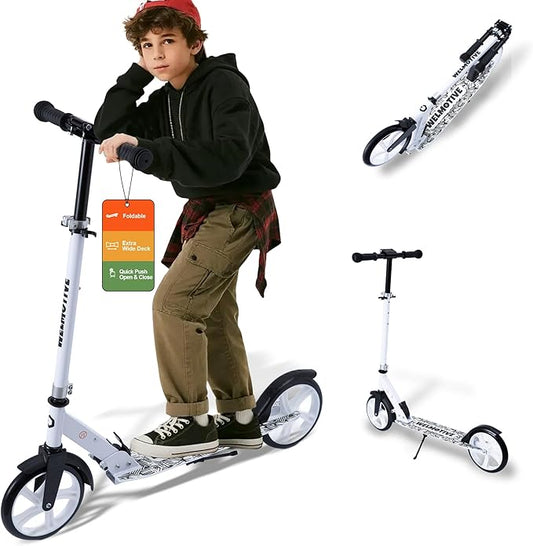 Kick Scooter for Kids Ages 6+, Teens & Adults, Adjustable Handlebars, Rear Brake, Big Wheel Foldable Scooter for Indoor & Outdoor