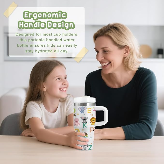 14 oz Kids Animal Alphabet Tumbler with with Handle Straw Lid, Stainless Steel Insulated Water Tumbler, Abc Letters Stuff, for Sports, School, Travel - Back to School Children Birthday Gifts Cups(1pc)