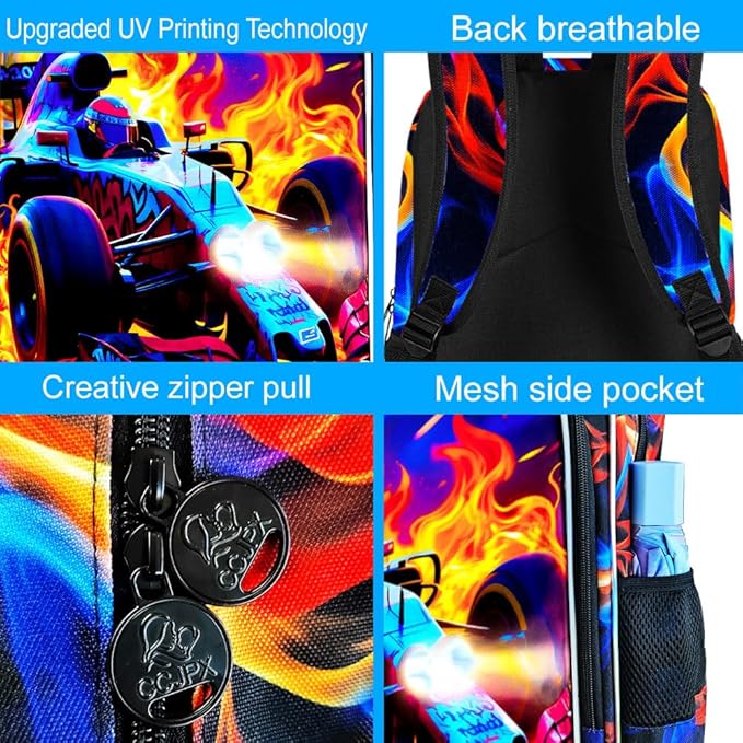 3Pcs Cars Backpack for Boy, 17" Hot Wheels Bookbag for Elementary Preschool Kindergarten, Kids Fire School Backpacks with Lunch Box (Red)