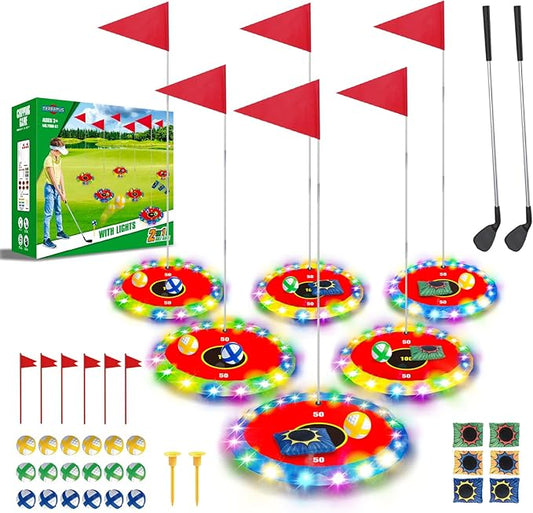 Light Up Golf Play Set - Upgraded Backyard Golf Chipping Game with 6 LED Targets, 2 Clubs, 18 Balls, 6 Bean Bags, Night Golf Toys Gifts for Kids Golfers Family Indoor Outdoor Beach Lawn Park