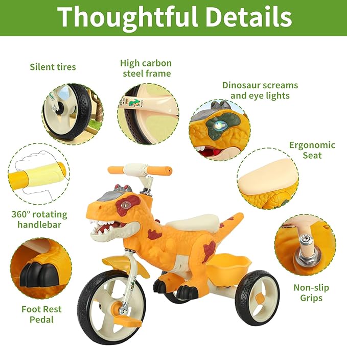 Dinosaur Kids Tricycle for Rider, Toddlers 2-6 Years - Trike Bike with Music, LED Lights, Storage Basket & Rubber Wheels | Indoor/Outdoor Big Wheels Bike Gift for Boys & Girls (Yellow)