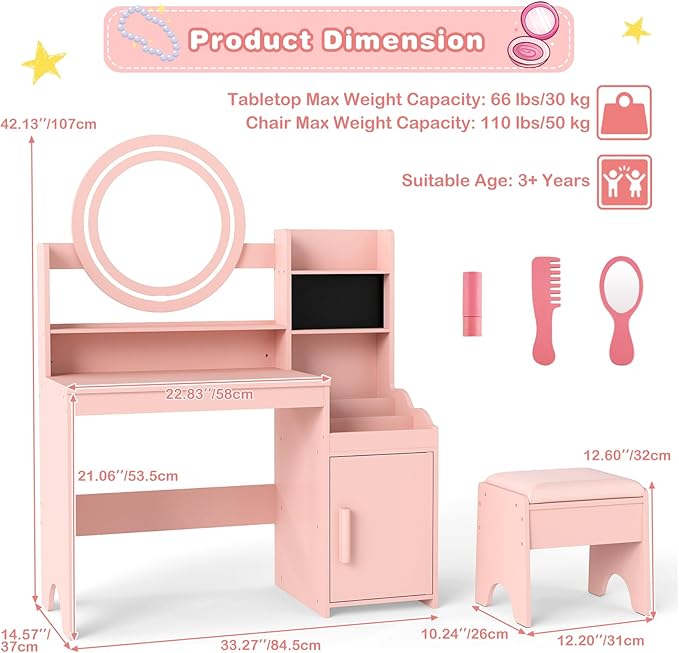 INFANS Kids Vanity with Lights, Princess Makeup Desk with Mirror Storage Shelves, Toddler Table and Chair Set Pretend Play for Girls Aged 4-9 (Pink)