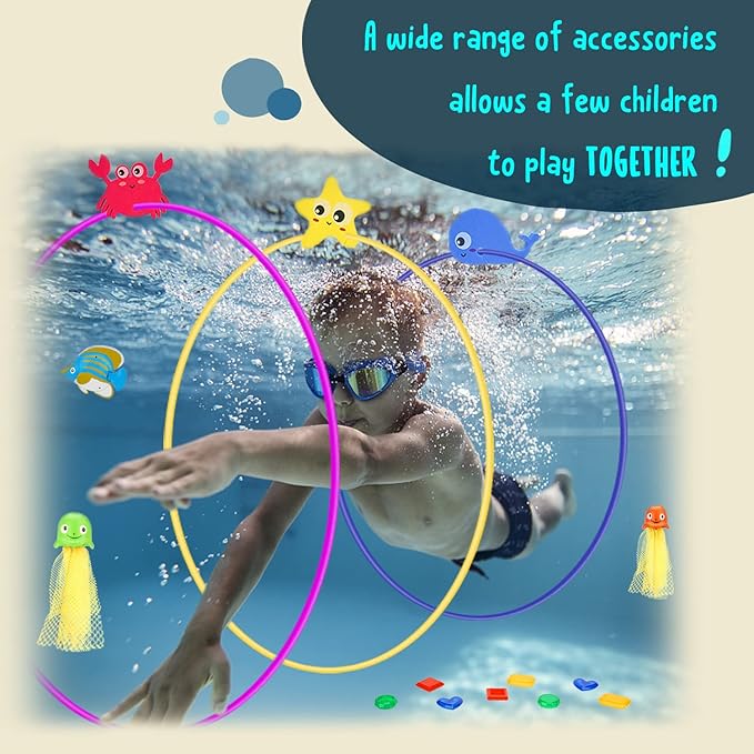 Diving Toys, 27 Pcs Pool Toys with Swim Thru Rings for Kids Age 3-12, Dive Sticks, Rings, Gem, Octopus, Torpedo, Mesh Bag Include