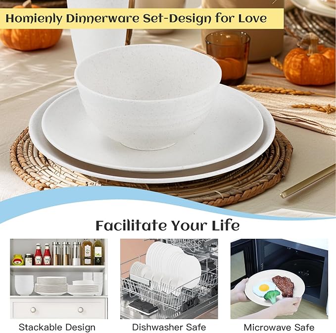 Homienly Wheat Straw Dinnerware Set,40-Piece Dish Set for 8, Dinner Plates, Dessert Plate, Cereal Bowls, Cups, Appetizer Plates,Reusable Dinner Plates Kids Plates and Bowls Sets, White