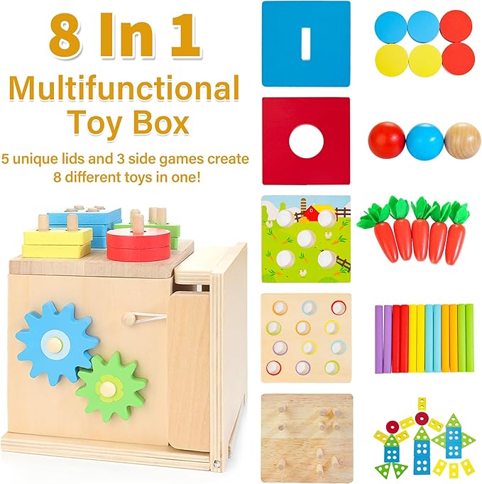Kizfarm Wooden Montessori Baby Toys, 8-in-1 Wooden Play Kit Includes Object Permanent Box, Coin Box, Carrot Harvest, Shape Sorting & Stacking - Birthday Gift for Boys Girls Toddlers