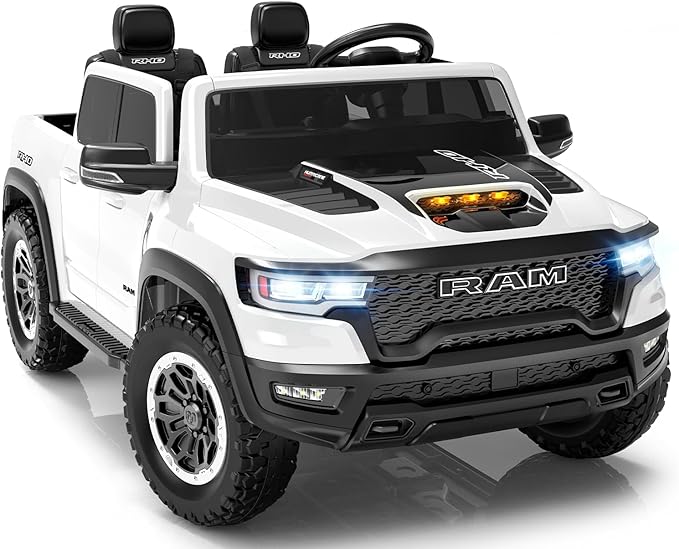 2 Seater Electric Car for Kids, Licensed RAM 1500 RHO 24V Ride on Truck w/Remote Control, Toddler Ride on Toys w/Bluetooth, LED Lights, Spacious Truck Bed, Gear Shifter & Soft Start (White)