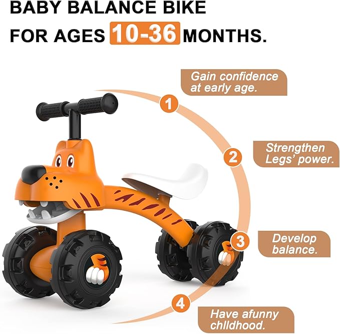 YGJT Baby Balance Bike for 1 Year Old Boy and Girl, Indoor Outdoor Non-Pedal Baby Walker Toys for 10-36 Months Toddlers, Silent Wheels, 1st Birthday Gift, Kids First Bike Tiger