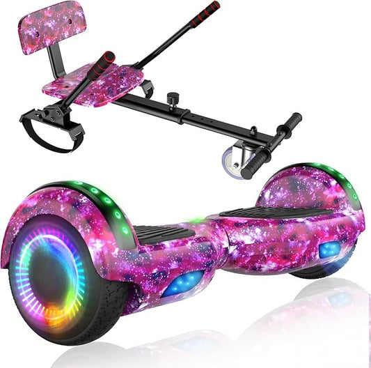 LIEAGLE Scooter With Seat Attachment, 6.5" Scooters Go Kart Combo With Colorful LED Lights & Bluetooth, For Kids Boys Girls Adults All Ages(Starry Purple with Kart)