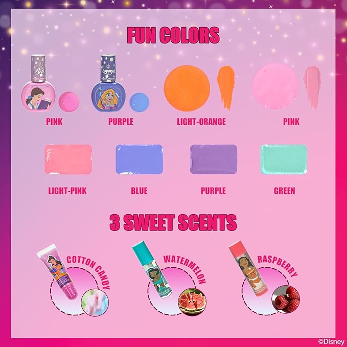 Disney Princess Train Case Beauty Set, Kids Makeup Kit for Girls, Real Washable Makeup Set, Play Makeup, Party Favor, Birthday, Ages 3 4 5 6 7 8 9 10 11 12 by Townley Girl