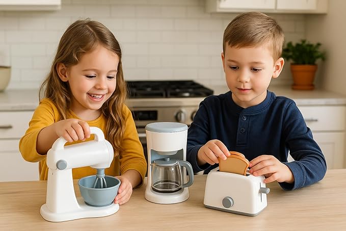 Kids Kitchen Appliance Playset – Mixer, Coffee Maker & Toaster – Pretend Cooking Toy Set, 3-Piece White Bundle