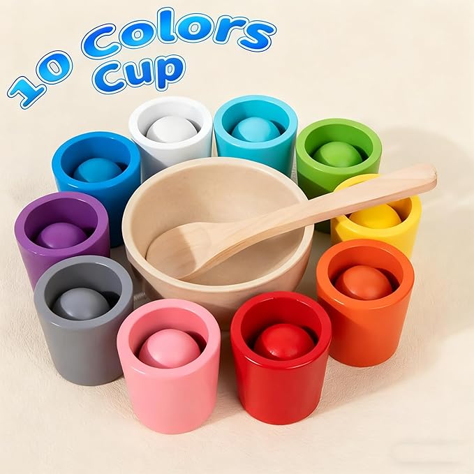 Balls in Cups Toddler Toys, Color Sorting & Matching Game, Wooden Educational Toy for Kids, Color Recognition, Concentration & Cognitive Skill Development, for 1-3 Years Old Toddlers