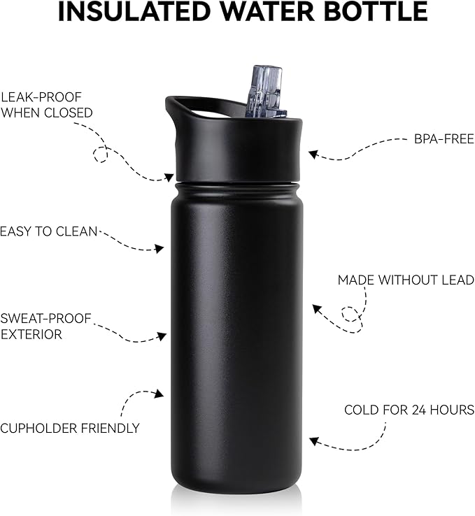 16 oz Insulated Water Bottle for School, Straw & Spout Lid, Keep Cold 24H, Spill Proof, BPA-Free, Double Wall Stainless Steel Kids Water Bottles for Sports, Gym, Travel, Black