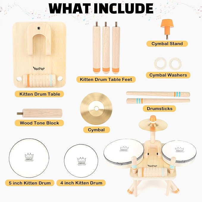 Toddler Drum Set - 5 in 1 Wooden Musical Toys for Toddlers 3+, Montessori Toys for Baby Boy Girls Easter Birthday Gifts for Kids Age 3 4 5 6