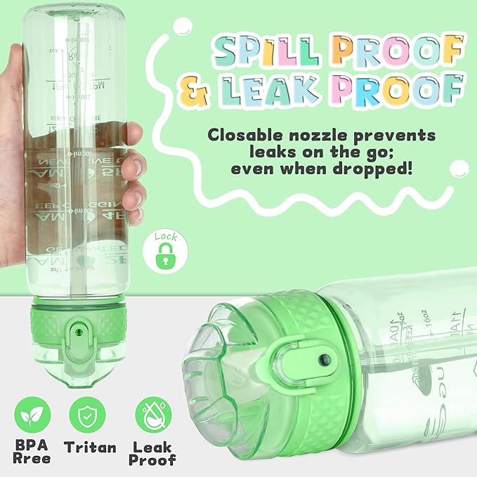OLDLEY 17oz Kids Water Bottle for school Girls Boys, Motivational Water Bottles With Silicone Straw, Leak-Proof Tritan BPA-Free, Reusable water bottles for kids, Pear