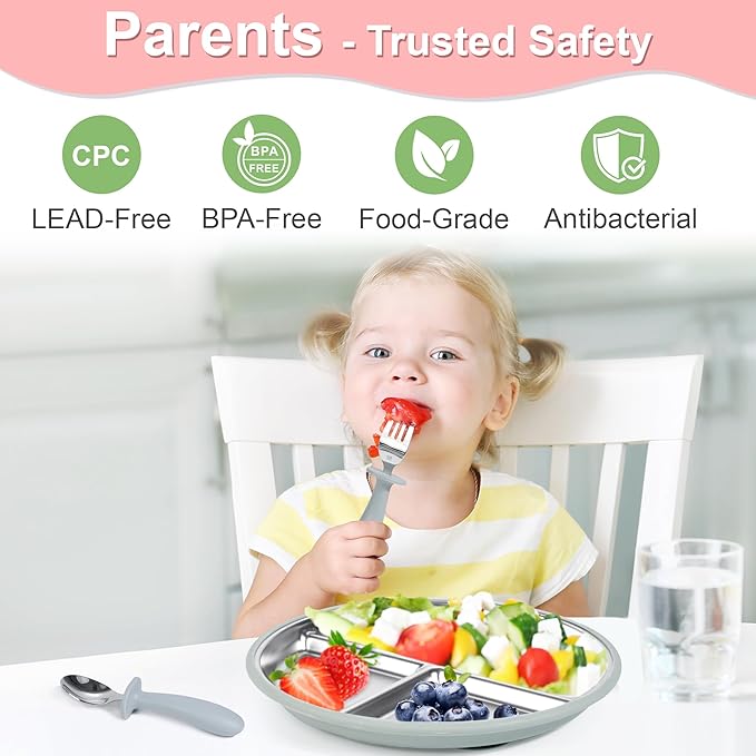 Bella's Friends Baby Feeding Set, 2 Pack Stainless Steel Divided Plate with Silicone Suction, 2 Set Spoons and Forks, BPA Free, Dishwasher Safe, Baby Led Weaning Supplies, Toddler Utensils, gray blue
