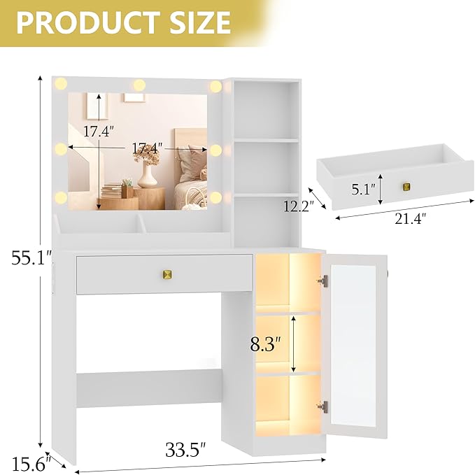 Vanity Desk with Mirror and Lights, Small Makeup Vanity Table with RGB Storage Cabinet & Power Strips & Shelves, 3 Lighting Modes & Adjustable Brightness, Dressing Table for Women Girls Bedroom, White