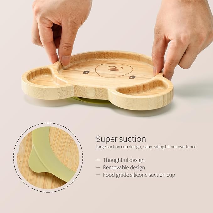 Bamboo Suction Plates Bowls Setfor Baby Toddler Divided Platter Food bowl with Silicone Fork & Spoon All-Natural Baby Feeding Set, Kids Feeding Essentials