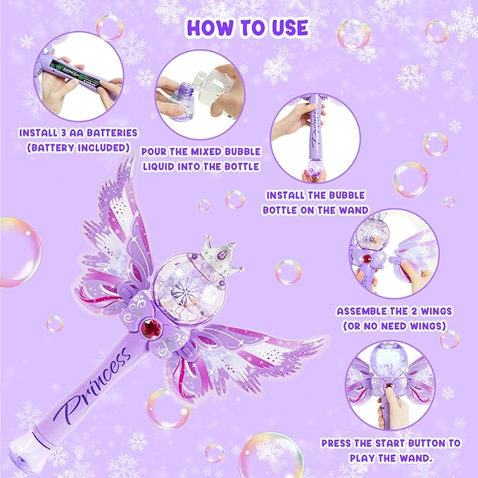Princess Bubble Wands for Kids Girls,Music & Light Up Bubble Machine,Bubble Blower,Outdoor Party Birthday Bubble Toys for Toddlers, for Girls Age 3 4 5 6 7 8 Years Old.(Purple)