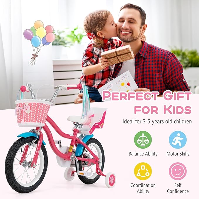 BABY JOY Kids Bike, 12 14 16 18 Inch Children Bicycle w/Detachable Training Wheels, Storage Basket, Adjustable Seat & Handlebar, Bow or Streamer, Girls Bike for 3-8 Years Old